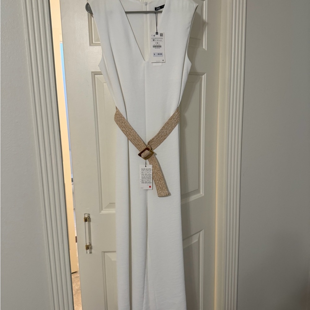 Zara Elegant White pants jumpsuit with Tan Belt NWT
